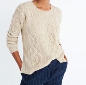 MADEWELL Women's Bobble Open‎ Side Beige Cable Knit Merino Wool Sweater  Small